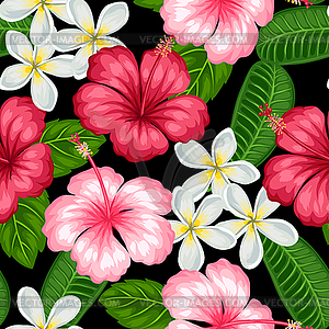 Seamless pattern with tropical flowers hibiscus - vector image