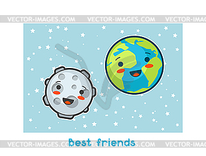 Best friends. Kawaii space funny card. Doodles - vector clipart