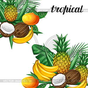 Background with tropical fruits and leaves. Design - vector EPS clipart