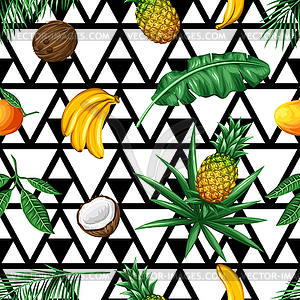 Seamless pattern with tropical fruits and leaves. - vector image