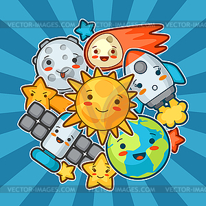 Kawaii space card. Doodles with pretty facial - color vector clipart