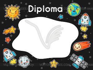 Kawaii space diploma. Doodles with pretty facial - vector image