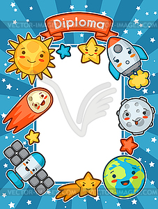 Kawaii space diploma. Doodles with pretty facial - vector image