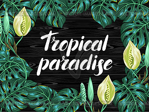 Background with monstera leaves. Decorative tropica - vector image