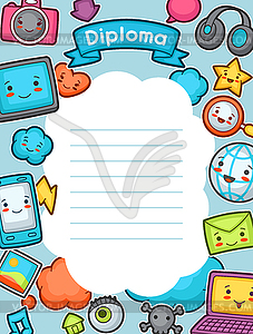 Kawaii gadgets social network diploma. Doodles - vector clipart