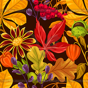 Seamless pattern with autumn leaves and plants. - vector clipart