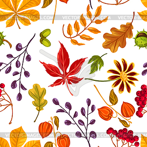 Seamless pattern with autumn leaves and plants. - color vector clipart