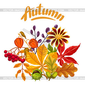 Card with autumn leaves and plants. Design for - vector clip art