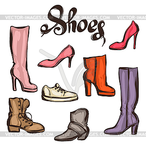 Set of various shoes. female footwear, boots and - vector image