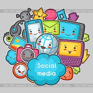 Kawaii gadgets social media items. Doodles with - vector clipart