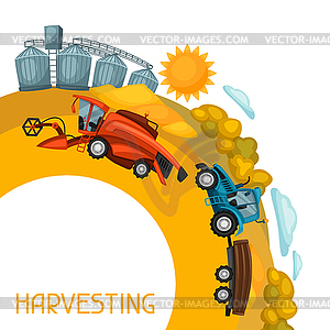 Harvesting background. Combine harvester, tractor - vector image