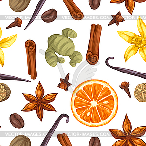 Seamless pattern with various spices. anise, cloves - royalty-free vector clipart