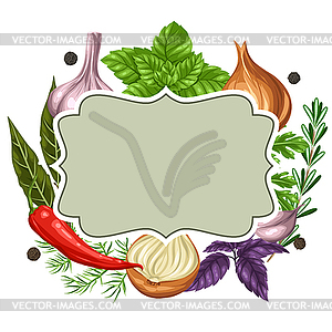 Frame design with various herbs and spices - vector image