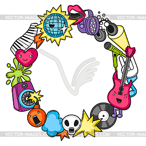 Music party kawaii frame. Musical instruments, - vector clipart