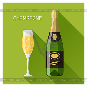 Bottle and glass of champagne in flat design style - vector clipart / vector image