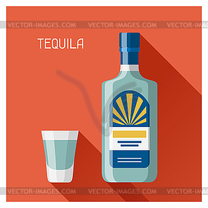 Bottle and glass of tequila in flat design style - vector clip art