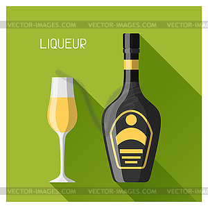 Bottle and glass of liqueur in flat design style - vector image