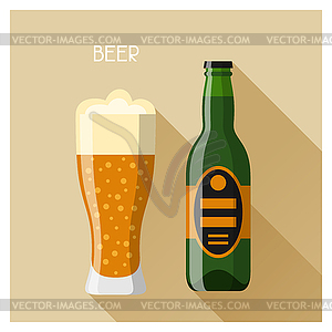 Бутылка и стакан пива в плоском стиле дизайна - векторизованный клипарт