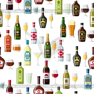 Alcohol drinks seamless pattern. Bottles, glasses - vector clipart