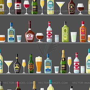 Alcohol drinks seamless pattern. Bottles, glasses - vector clipart