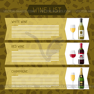 Alcohol drinks menu or wine list. Bottles, glasses - vector clip art