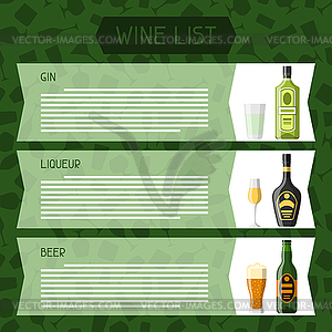 Alcohol drinks menu or wine list. Bottles, glasses - vector image