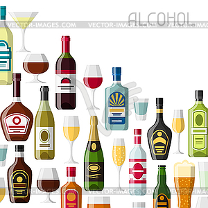 Алкогольные напитки фона дизайн. Бутылки, стаканы - изображение в векторном виде