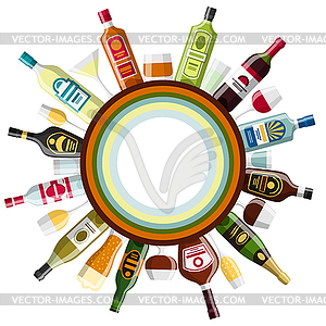 Alcohol drinks background design. Bottles, glasses - vector image