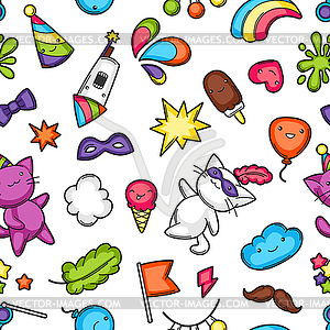 Carnival party kawaii seamless pattern. Cute cats, - vector clip art