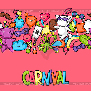 Carnival party kawaii seamless pattern. Cute cats, - vector image