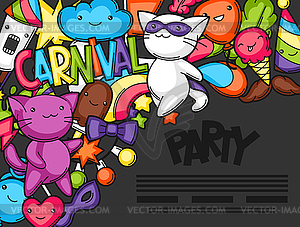 Carnival party kawaii flayer. Cute cats, decoration - vector image