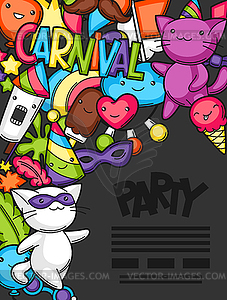 Carnival party kawaii flayer. Cute cats, decoration - vector image