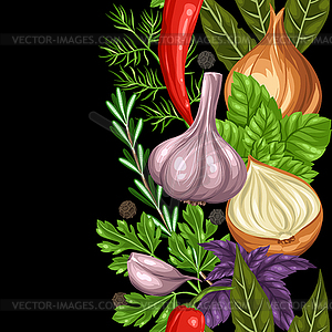 Seamless border with various herbs and spices - vector clip art