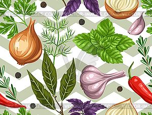 Seamless pattern with various herbs and spices - vector image