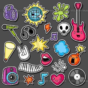 Music party kawaii sticker set. Musical instruments - vector image