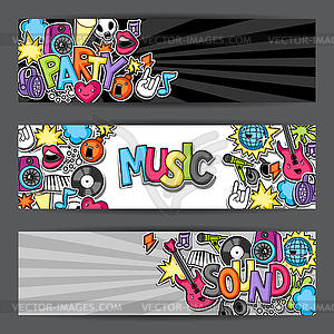 Music party kawaii banners. Musical instruments, - vector image