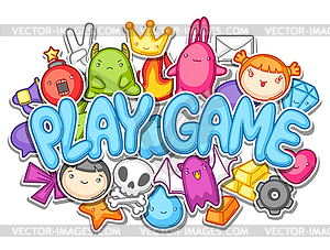 Game kawaii design. Cute gaming elements, objects - vector image