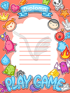 Game kawaii diploma. Cute gaming design elements, - vector clip art