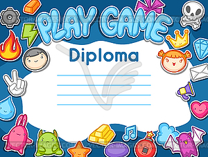 Game kawaii diploma. Cute gaming design elements, - vector image