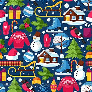 Seamless pattern with winter objects. Merry - vector image