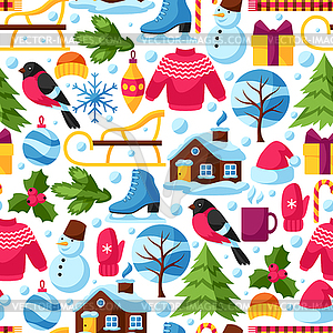 Seamless pattern with winter objects. Merry - vector clipart