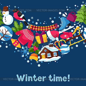 Seamless pattern with winter objects. Merry - vector EPS clipart