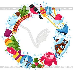Frame with winter objects. Merry Christmas, Happy - vector image