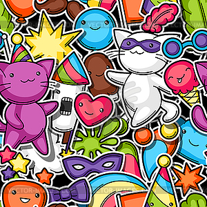 Carnival party kawaii seamless pattern. Cute sticke - vector clipart