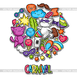 Carnival party kawaii background. Cute sticker cats - vector image