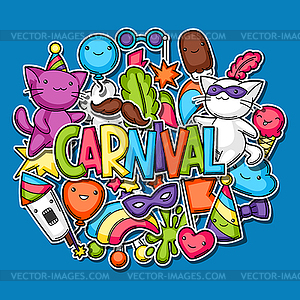 Carnival party kawaii background. Cute sticker cats - vector clipart