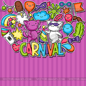 Carnival party kawaii background. Cute sticker cats - vector image