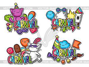 Carnival party kawaii sticker set. Cute cats, - vector clipart