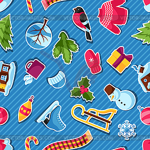 Seamless pattern with winter stickers. Merry - royalty-free vector image