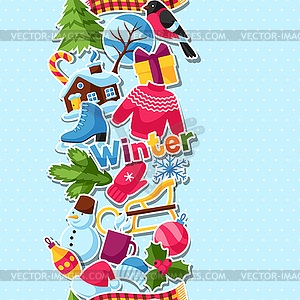 Seamless pattern with winter stickers. Merry - vector clipart